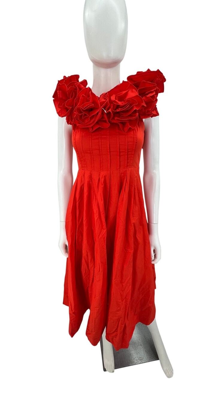 Maeve Anthropologie Red Floral Rosette Midi Dress XS Statement Ruffle
